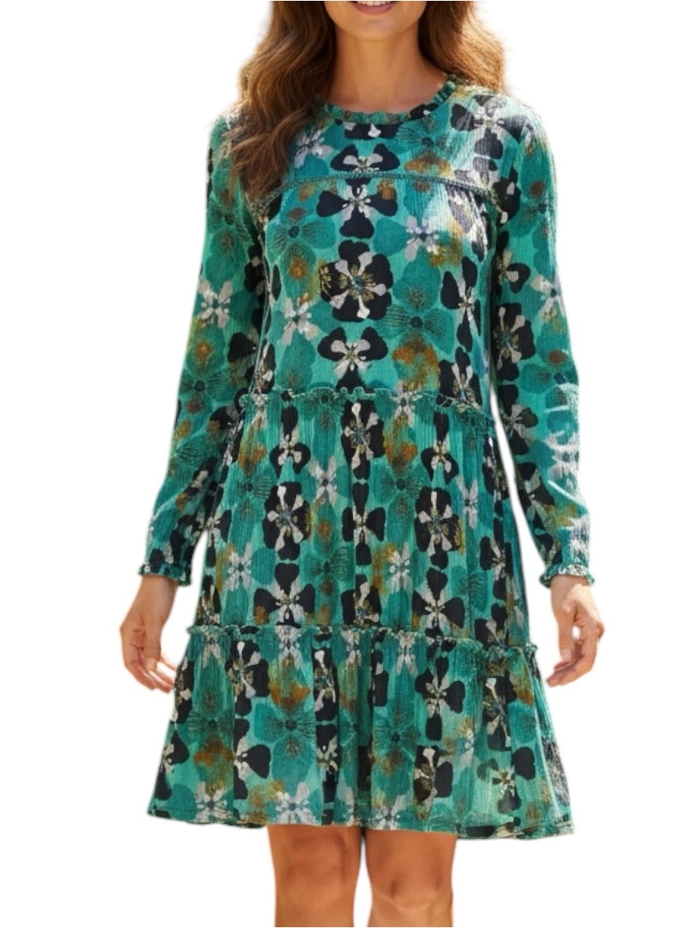 Knox Rose Sz LARGE Teal Floral Tiered Long-Sleeve Ruffle Prairie Boho Dress